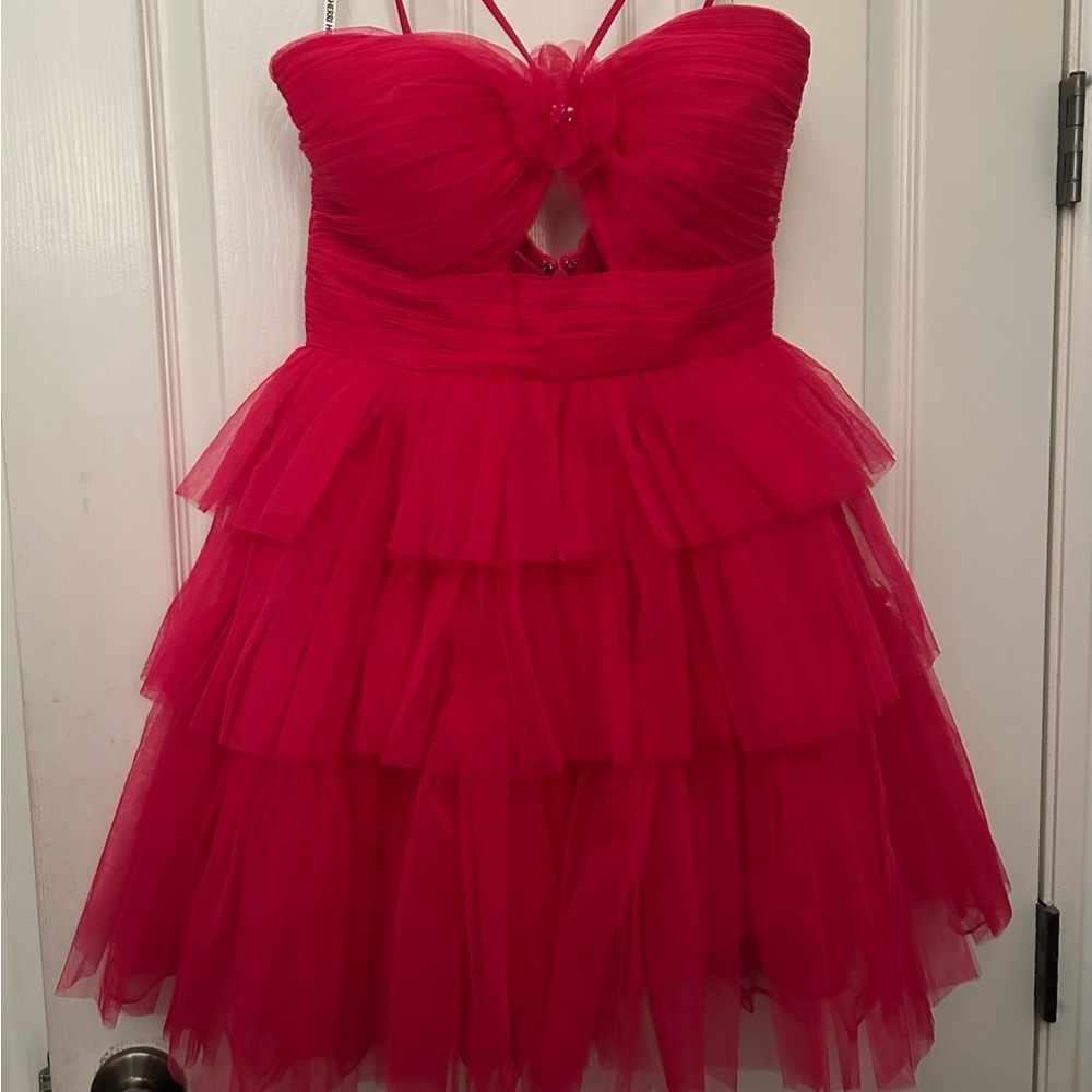 Sherri Hill Vibrant PINK almost red Layered Dress #56113 for prom or homecoming.